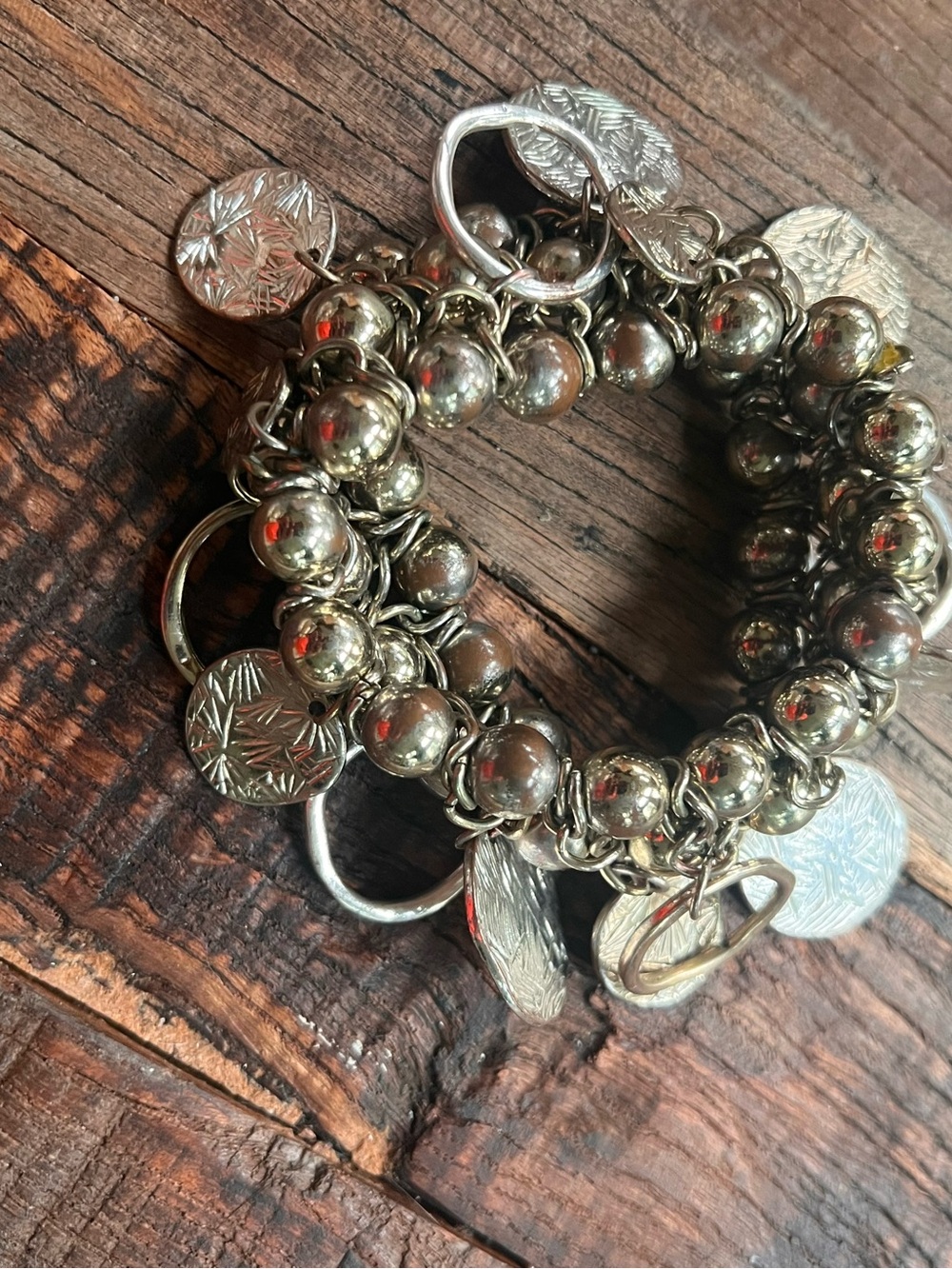 silver-tone multi-strand coin charm stretch bracelet